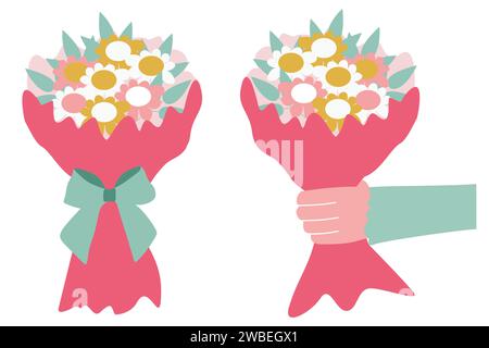Ensemble de bouquets de fleurs printaniers. Une main masculine donne des fleurs enveloppées. Saint Valentin, mariage, anniversaire Design Art. Illustration vectorielle dans la conception plate Illustration de Vecteur