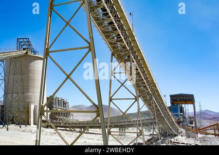 Bande transporteuse et usine de traitement dans une mine de cuivre à ciel ouvert au Chili. Banque D'Images