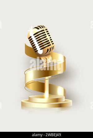 Une coupe dorée en ruban et un microphone rétro, mis en valeur sur fond blanc. Illustration 3D réaliste vectorielle. Une récompense pour la musique. Le concept Illustration de Vecteur