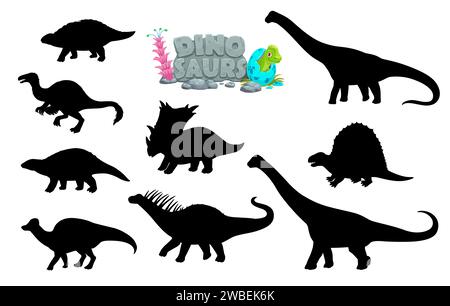 Silhouettes de personnages comiques de dinosaures de dessin animé. Pelorosaurus, Deinocheirus, Chasmosaurus reptiles de l'ère jurassique, Nodosaurus et Hypacrosaurus, Dimetrodon dinosaures vecteurs silhouettes de personnages Illustration de Vecteur