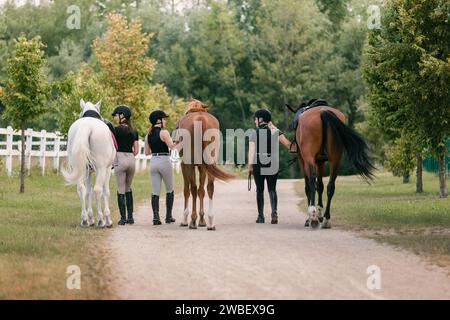 Cavaliers féminins en vêtements équestres tenant les rênes et menant son beau cheval châtaignier sellé. Concept d'activité d'équitation. Banque D'Images