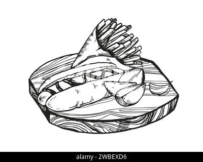 Illustration vectorielle dessinée à la main de fast-food, croquis à l'encre de hot-dog, pommes de terre rôties, frites en papier artisanal sur planche à découper en bois, noir et W. Illustration de Vecteur