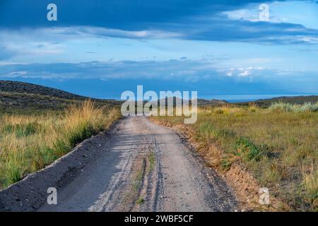 Une piste de gravier mène à travers un paysage aride de champ, le Kirghizistan Banque D'Images