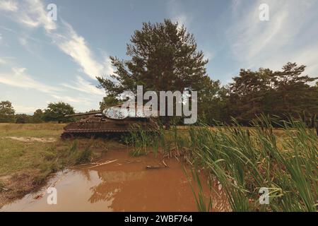 Réservoir abandonné se tient au milieu de la nature, silencieusement reflété dans l'eau d'un étang, M41 Bulldog, Lost place, Brander Wald, Aix-la-Chapelle, Nord Banque D'Images