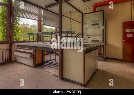 Une salle de laboratoire vide avec vue sur la nature à travers les fenêtres, jonchée de morceaux de papier, de biotechnologie, d'université abandonnée, de lieu perdu Banque D'Images