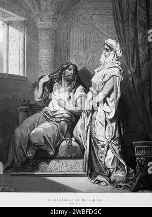 Samson ou Samson et Delilah, Livre des juges, Chapitre 16, Bible, bâtiment, intérieur, fenêtre, pilier, fauteuil, cheveux longs, homme, femme, rideau Banque D'Images