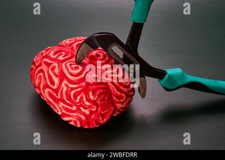 Cerveau rouge comprimé par des pinces. Concept de stress mental. Banque D'Images