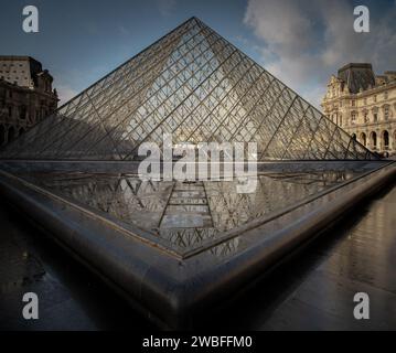 France, Paris - Jan 03, 2024 - devant le célèbre musée du Louvre et sa grande pyramide de verre pendant la journée avec effet de réflexion de l'eau par After Banque D'Images