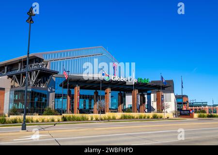 Arlington, Texas - 29 décembre 2023 : le terrain de vie du globe est le domicile des Texas Rangers de la Ligue majeure de baseball Banque D'Images