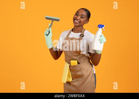 femme nettoyante noire tenant le flacon pulvérisateur de détergent et la raclette, studio Banque D'Images
