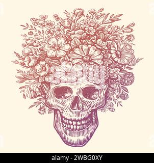 Crâne humain avec une couronne de fleurs sur la tête. Illustration vectorielle dessinée à la main Illustration de Vecteur