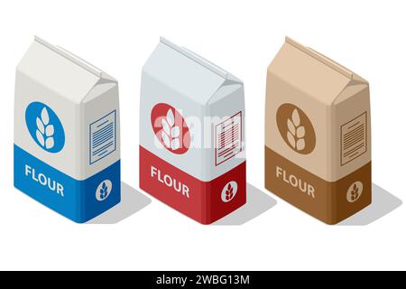 Sac en papier isométrique avec farine de blé isolé sur blanc. Farine différente de céréales de blé dans des sacs de boulangerie. Farine biologique Illustration de Vecteur
