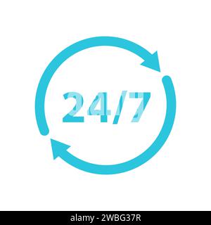 Chaque fois que l'icône, Ouvrir 24 7 icône sur fond blanc. Symbole. À partir du jeu d'icônes bleues. Illustration de Vecteur