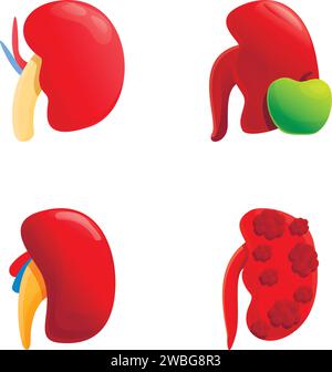 Icônes de maladie rénale définir vecteur de dessin animé. Modèle de rein humain atteint de maladie. Concept de santé Illustration de Vecteur
