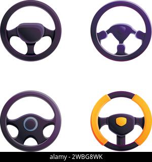 Icônes de volant définir vecteur de dessin animé. Volant de voiture différent. Pièce automatique pour la commande d'entraînement et de virage Illustration de Vecteur