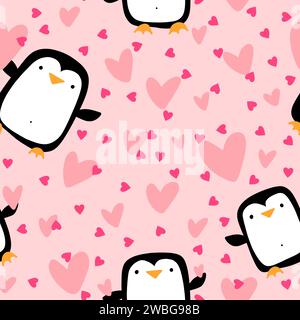 Valentines Hearts Pingouin sans couture et modèle d'amour pour envelopper le papier et les tissus et les draps et les vêtements pour enfants imprimer et emballage festif et fête a Banque D'Images