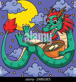 Année du Dragon manger des nouilles colorées Cartoon Illustration de Vecteur