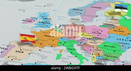 Espagne et Estonie - épingler des drapeaux sur la carte politique - illustration 3D. Banque D'Images