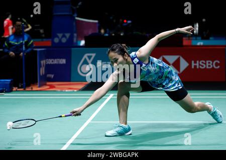 Kuala Lumpur, Malaisie. 10 janvier 2024. Ratchanok Intanon, de Thaïlande, joue contre Aya Ohori, du Japon (non photographié) lors du match de la ronde 32 du Petronas Malaysia Open 2024 à l'Axiata Arena. Ratchanok Intanon a gagné avec des scores ; 21/21 : 19/10. Crédit : SOPA Images Limited/Alamy Live News Banque D'Images