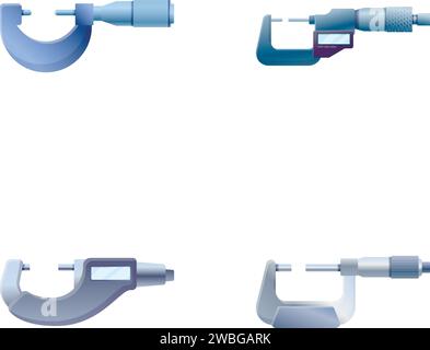 Icônes de micromètre définir vecteur de dessin animé. Divers types de micromètre. Outil de mesure d'épaisseur Illustration de Vecteur