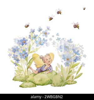 Oubliez-moi pas Flower Fairy Aquarelle Illustration. Mignon Garden Fairy Tale Clipart. Forget Me Not Watercolor Kids Print. Imprimé fée pour pépinière Banque D'Images