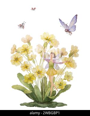 Primrose Fairy Illustration. Flower Fairy Tale Clipart. Illustration d'enfants de fée d'aquarelle dessinée à la main. Mignon Fairy Garden Illustration Banque D'Images