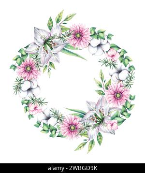 Couronne aquarelle avec des fleurs. Couronnes florales sur blanc. Lys dessiné à la main, coton, fleurs de gerbera isolées. Compositions avec des fleurs pour cartes, invit Banque D'Images