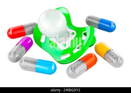 Sucette pour bébé avec des capsules de médecine autour. Baby Medicine concept, rendu 3D isolé sur fond blanc Banque D'Images