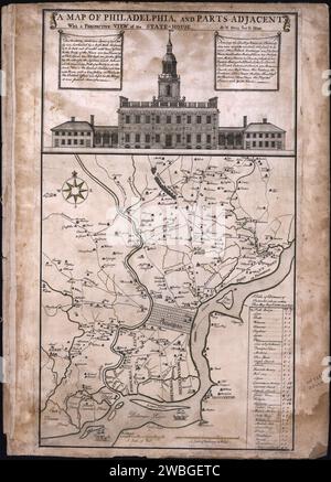 Carte de Philadelphie, et les parties adjacentes, avec une vue en perspective de la State-House. La carte du milieu du 18e siècle par Nicolas Scull et George Heap illustre les routes, les canaux et les propriétaires fonciers importants de Philadelphie et de ses environs. Banque D'Images