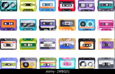 Icônes de cassettes stéréo définir vecteur de dessin animé. Chanson musicale mixtape. Dance Disco Illustration de Vecteur