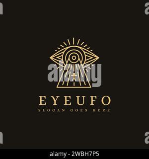 Modèle d'icône de logo d'art de ligne d'oeil mystique ufo sur fond sombre Illustration de Vecteur