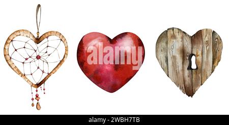 Un ensemble de trois coeurs stylisés pour la Saint-Valentin. Un dreamcatcher en forme de cœur avec des perles, un cœur rouge vif, un cœur en bois avec un keyho Banque D'Images