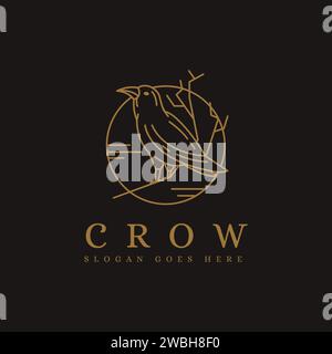 Illustration vectorielle d'icône de logo d'oiseau corbeau corbeau d'art de ligne sur fond sombre Illustration de Vecteur