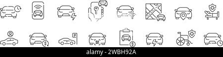 Icônes de service de location de voitures définies. Parking, assistance médicale, déverrouillage par code qr et prise en charge à l'aéroport. Pixel parfait Illustration de Vecteur