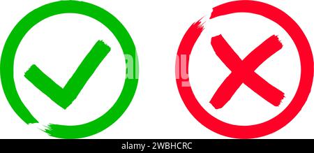 Deux croix grunge sale x et cocher OK coches dans les cases à cocher, dessiné à la main avec des coups de pinceau illustration vectorielle isolée sur fond blanc. Vérifiez Illustration de Vecteur