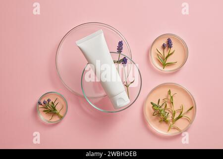 Sur fond rose, une bouteille en plastique vide décorée de quelques boîtes de Pétri contenant de la lavande fraîche et de l'essence. Maquette avec espace vide f Banque D'Images
