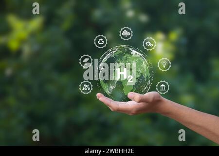 De futures énergies respectueuses du climat pour atteindre le concept zéro émission pour l'énergie propre à l'hydrogène. Banque D'Images