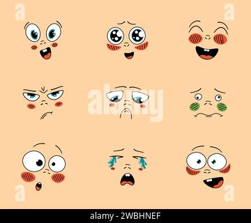 Cartoon fait face à l'effet d'émotion anime. Expressions faciales d'humeur heureuse et triste. Ensemble de vecteurs d'humeurs différentes Illustration de Vecteur