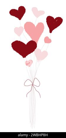Bannière de carte de voeux pour la Saint-Valentin et la Journée internationale de la femme. Paquet de ballons roses en forme de coeur sur fond blanc. Vecteur main plate Dra Illustration de Vecteur