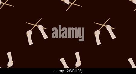 Baguettes dans les mains Seamless Pattern, instrument de musique Vector Art Illustration. Modèle avec bâtons de tambour croisés sur fond sombre. Bac plat Illustration de Vecteur
