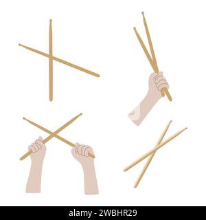 Ensemble plat de baguettes et mains. Vector Collection de matériel de musique isolé sur blanc. Concept musical et percussion, Crossed Sticks for Drums. DESIG Illustration de Vecteur