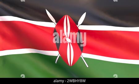 Rendu 3D - le drapeau national du Kenya flotte dans le vent. Banque D'Images