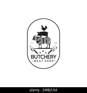 Couteau à viande avec un symbole de poulet de porc de vache . Butcher shop logo design vecteur Butchery Deli Beef Meat Shop Market Vintage Hipster Retro logo Design T Illustration de Vecteur