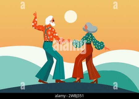 concept de style de vie des années 90, vieil homme-femme âgé, danse sur la colline, nostalgie vintage, illustration de dessin animé plat minimal Banque D'Images