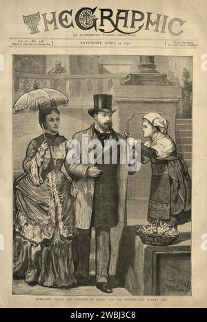 Illustration vintage Édouard VII et Alexandra de Danemark, Prince et Princesse de Galles lors d'une visite à Rome, la fille de fleur importunate, années 1870 Banque D'Images