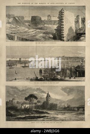 Vue de Cardiff, pays de Galles, années 1870, Bute Dock, Château de Cardiff, victorien 19e siècle Banque D'Images