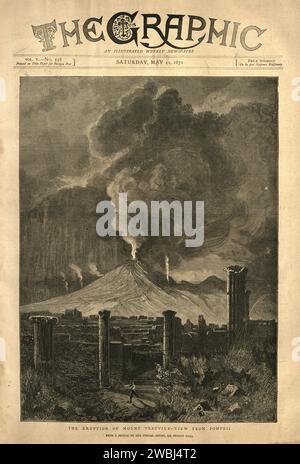 Illustration vintage éruption du Vésuve en 1872 vue des ruines de Pompéi, 19e siècle Banque D'Images