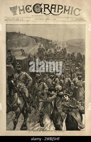 Page d'accueil du vieux journal victorien, The Brighton Review, On the Downs, soldats de l'infanterie de l'armée britannique en mars 1870 Banque D'Images