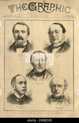 Illustration vintage Alabama Claims Tribunal composé de représentants Grande-Bretagne : Sir Alexander Cockburn, États-Unis : Charles Francis Adams, avec William Maxwell Evarts comme conseil, Italie : Federico Sclopis, Suisse : Jakob Stämpfli, Brésil : Marcos Antônio de Araújo, 2e baron de Itajubá. Banque D'Images