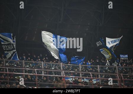 Supporters d'Atalanta BC lors de la finale des quarts de finale de la Coppa Italia match de football AC Milan et Atalanta BC le 10 janvier 2024 au stade Giuseppe Meazza San Siro Siro à Milan, Italie. Photo Tiziano Ballabio Banque D'Images